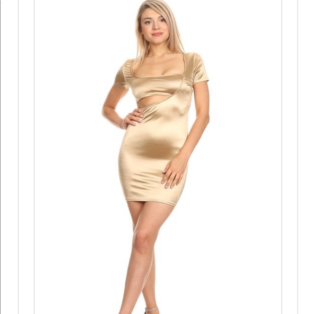 Gold Satin Short Sleeve Dress Cocktail